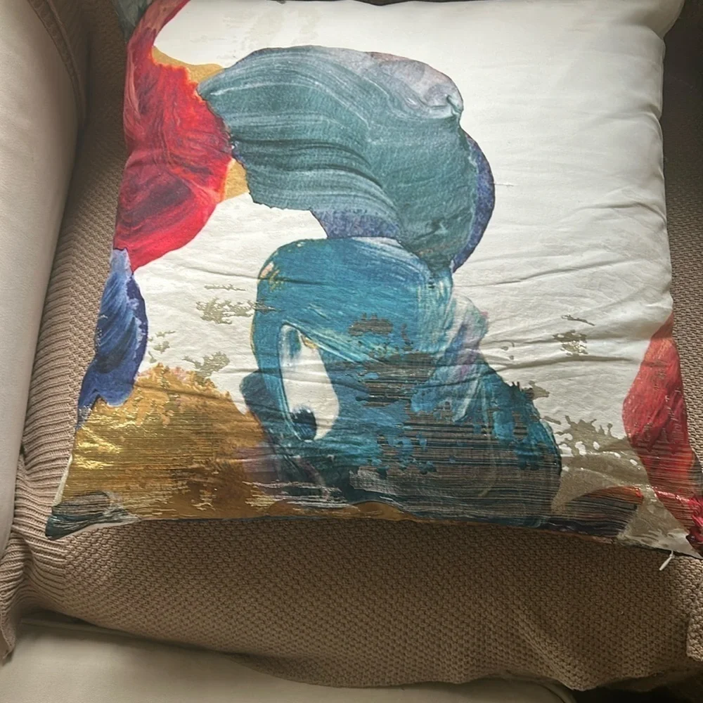 NWT West Elm Art Deco Pillow.  Blue, Gold, Red with White Background. Metallic